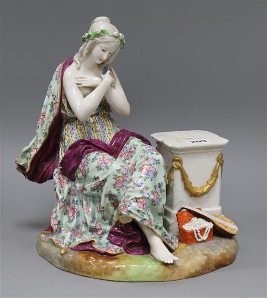 A Meissen-style figure seated beside a pedestal height 29cm